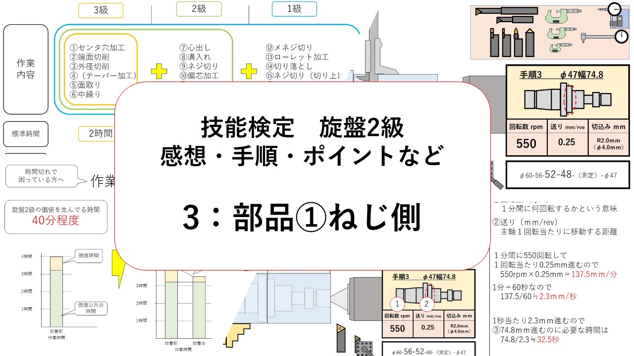 技能検定 旋盤2級実技の感想や手順やコツなど（③：部品①ねじ側