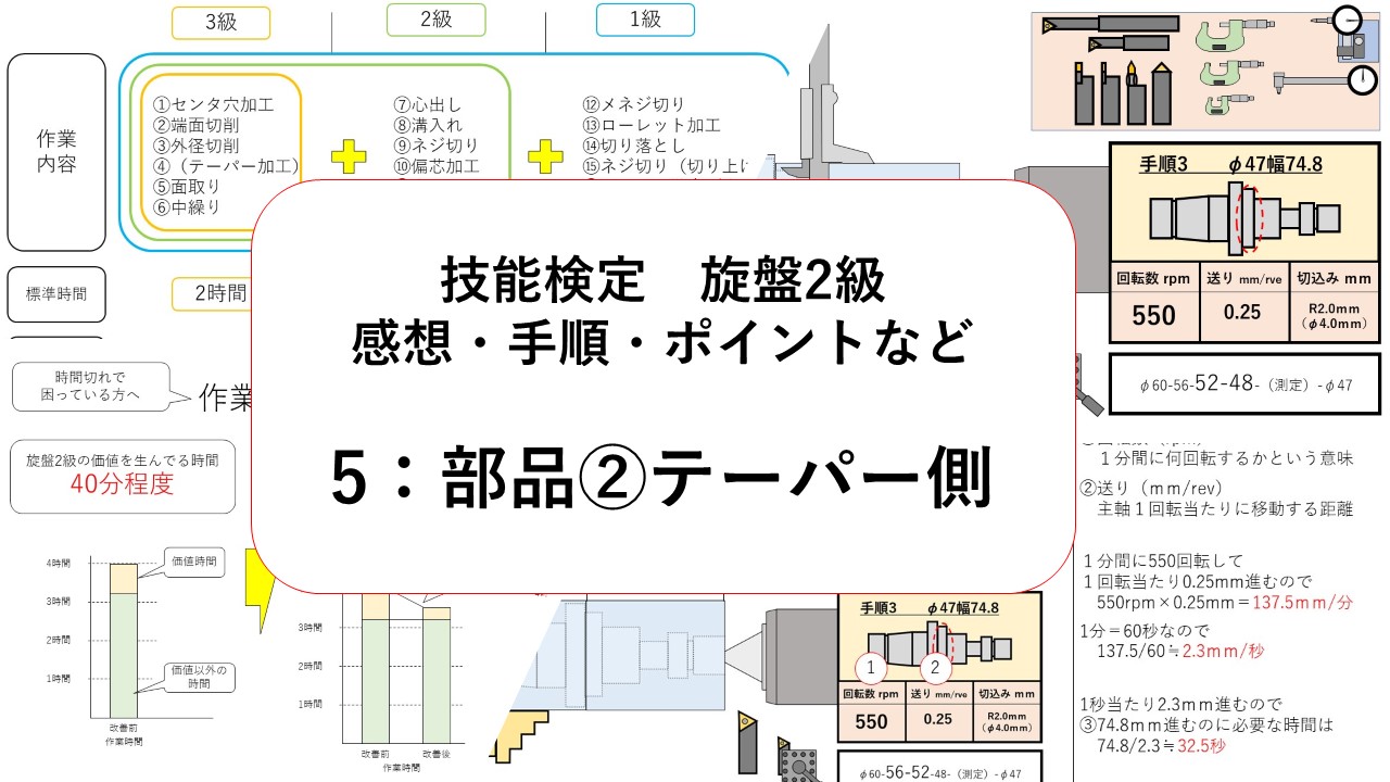 技能検定 旋盤2級実技の感想や手順やコツなど（⑤：部品②テーパ