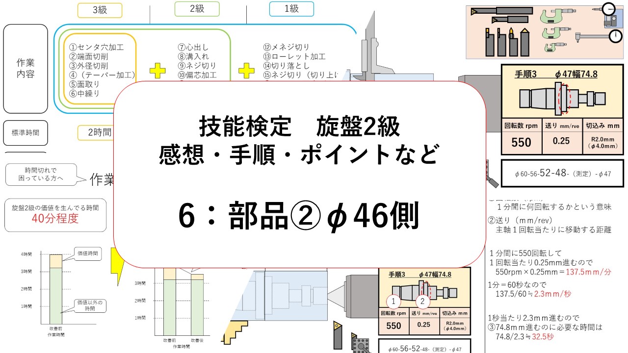 技能検定 旋盤2級実技の感想や手順やコツなど（⑥：部品②φ46側
